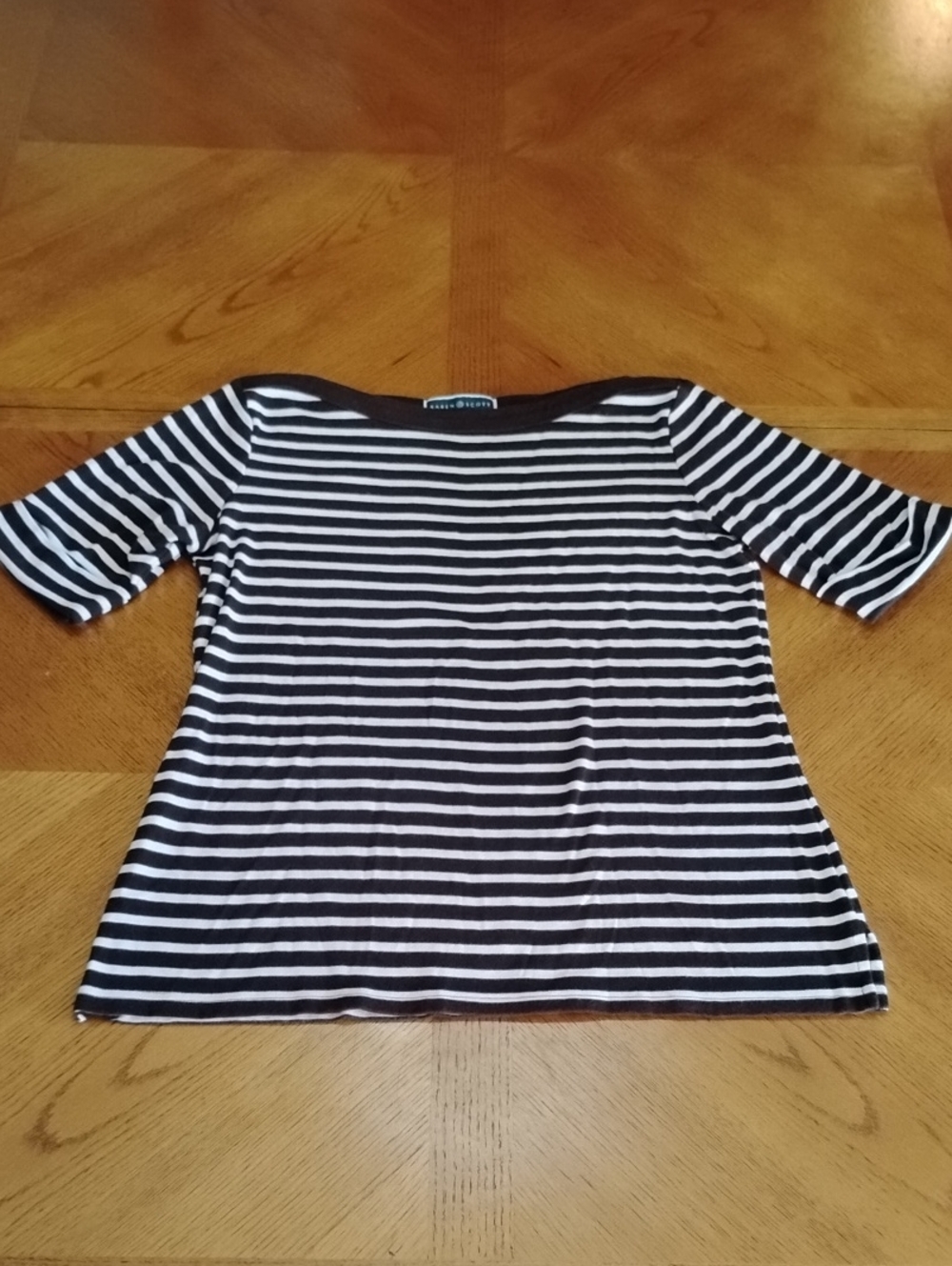 Karen Scott Boat neck Stripe Tee Neutral Casual Quiet Luxury French Preppy